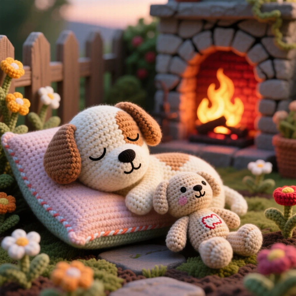 A tender everyday moment: a sleepy puppy on a cushion with one ear flopped over, dozing beside a crackling fireplace inside a small backyard garden in the late afternoon; a favorite well-loved stuffed toy completes the scene, full of quiet, unhurried domestic peace.