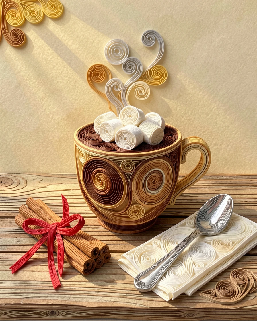 A cozy still life of a steaming mug of hot chocolate topped with marshmallows on a rustic wooden farmhouse table, with soft golden light highlighting every texture, arranged with complementary props scattered around.