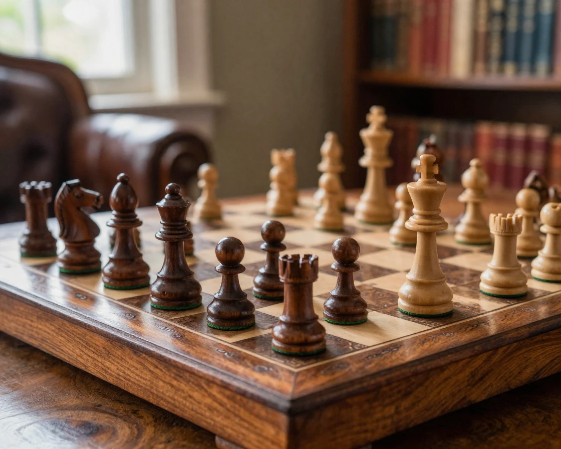 A chess set mid-game with an antique wooden board