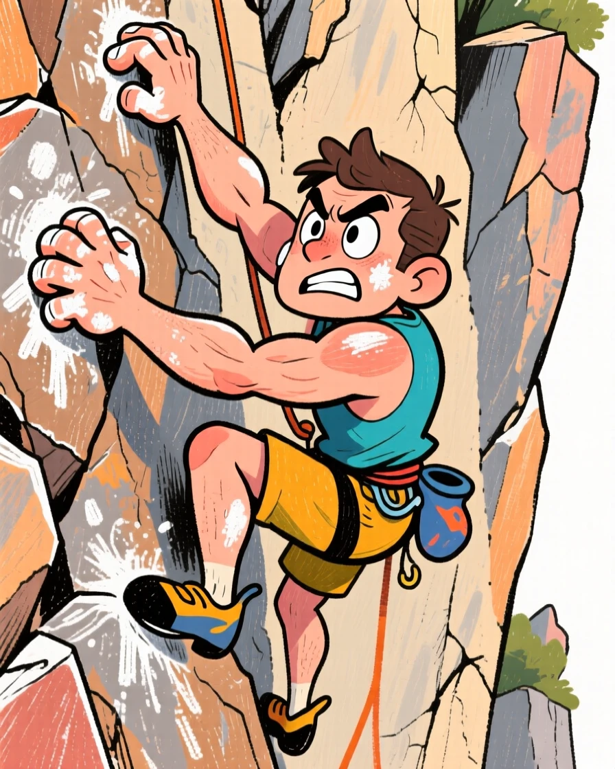 A rock climber scaling a sheer cliff face, chalk-dusted hands gripping tightly.