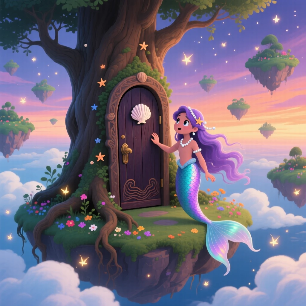 Deep within a sky full of drifting islands, a curious mermaid spends the evening opening a door hidden inside a tree trunk, with clouds drifting lazily below.