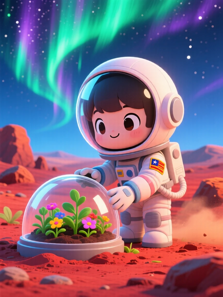 Full-body shot of a small astronaut, planting a garden dome on Mars, in a red rocky Martian landscape, beneath swirling aurora-lit skies, illuminated by cool blue twilight glow, radiating warm affection.