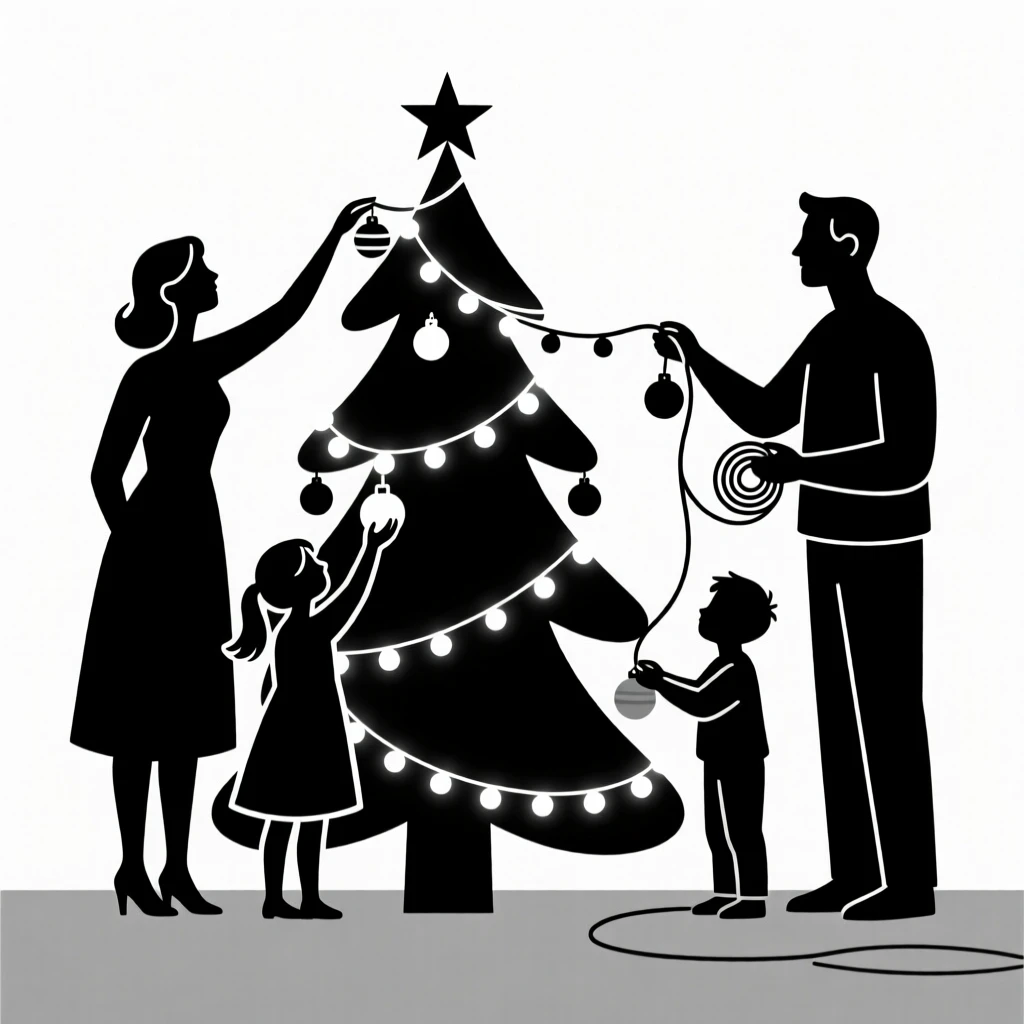 A family decorating a Christmas tree with twinkling lights.