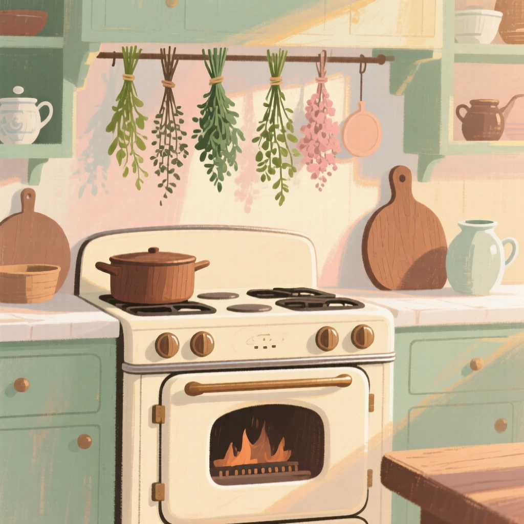 A vintage kitchen with a wood stove and hanging bundles of herbs