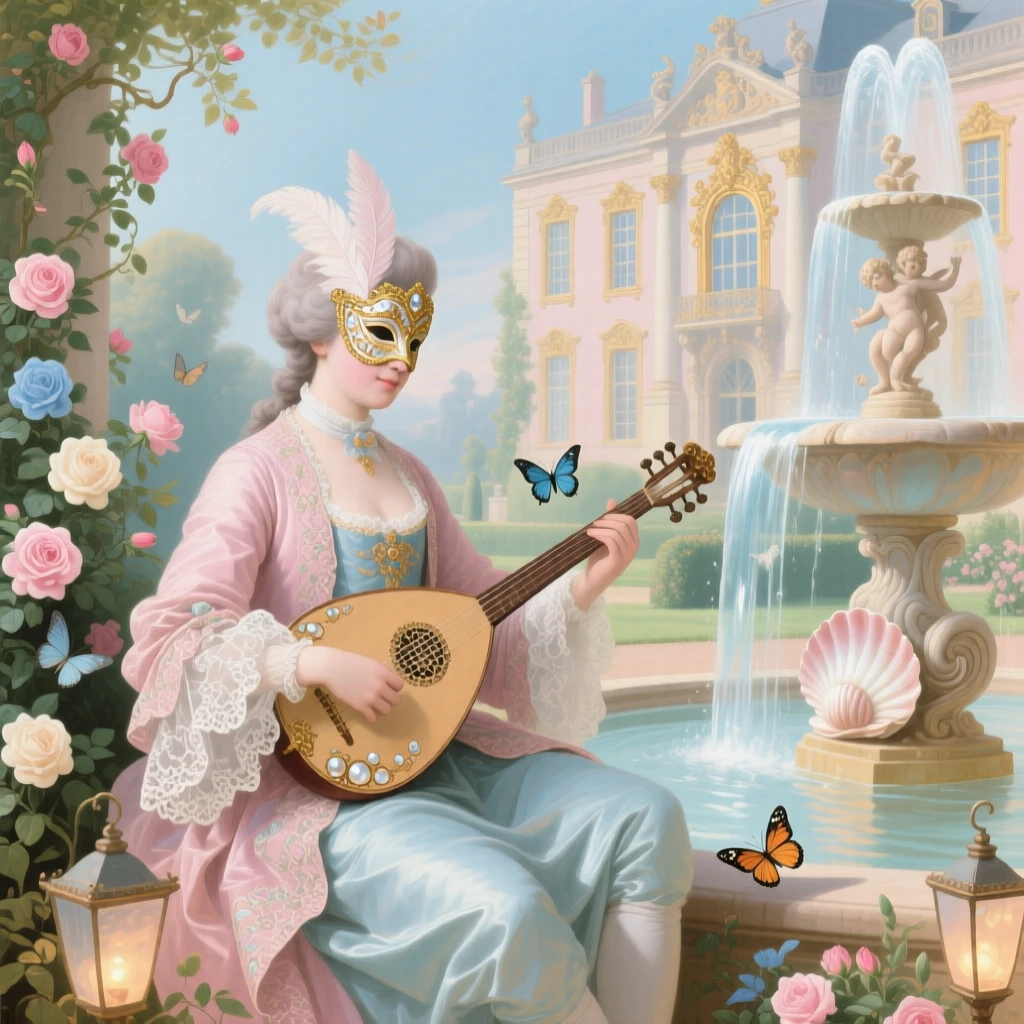 A masked musician playing a lute beside a palace fountain  