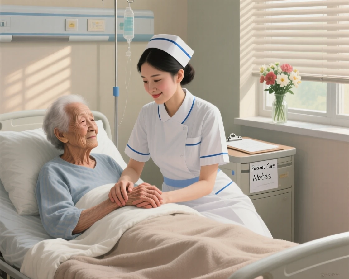 A gentle nurse comforts an elderly patient's hand in a warmly lit hospital room, soft afternoon light filtering through the window blinds, a sense of genuine, unguarded emotion captured in the small details of their expression.