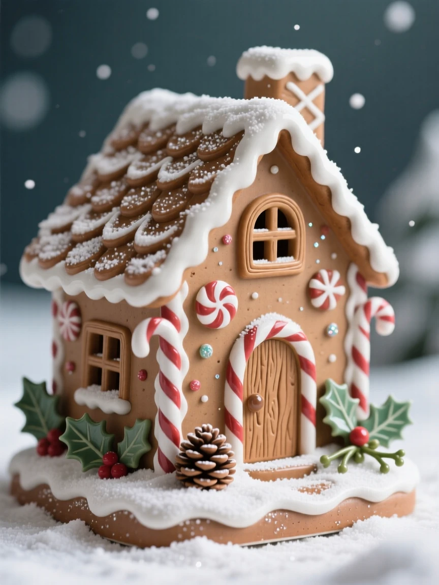 A gingerbread house dusted with powdered snow arranged among traditional seasonal motifs, dusted lightly with glittering snow, capturing the magic of a beloved seasonal moment.
