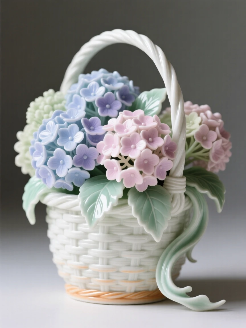 A lush arrangement of hydrangeas in a woven basket, arranged in a graceful cascading style.