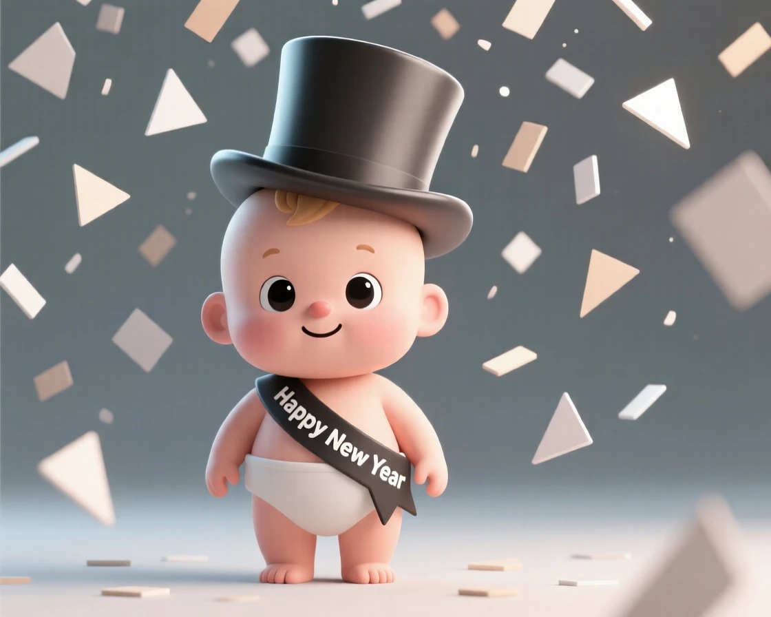 A cheerful New Year's baby wearing a sash and top hat rings in midnight beneath a shower of confetti.