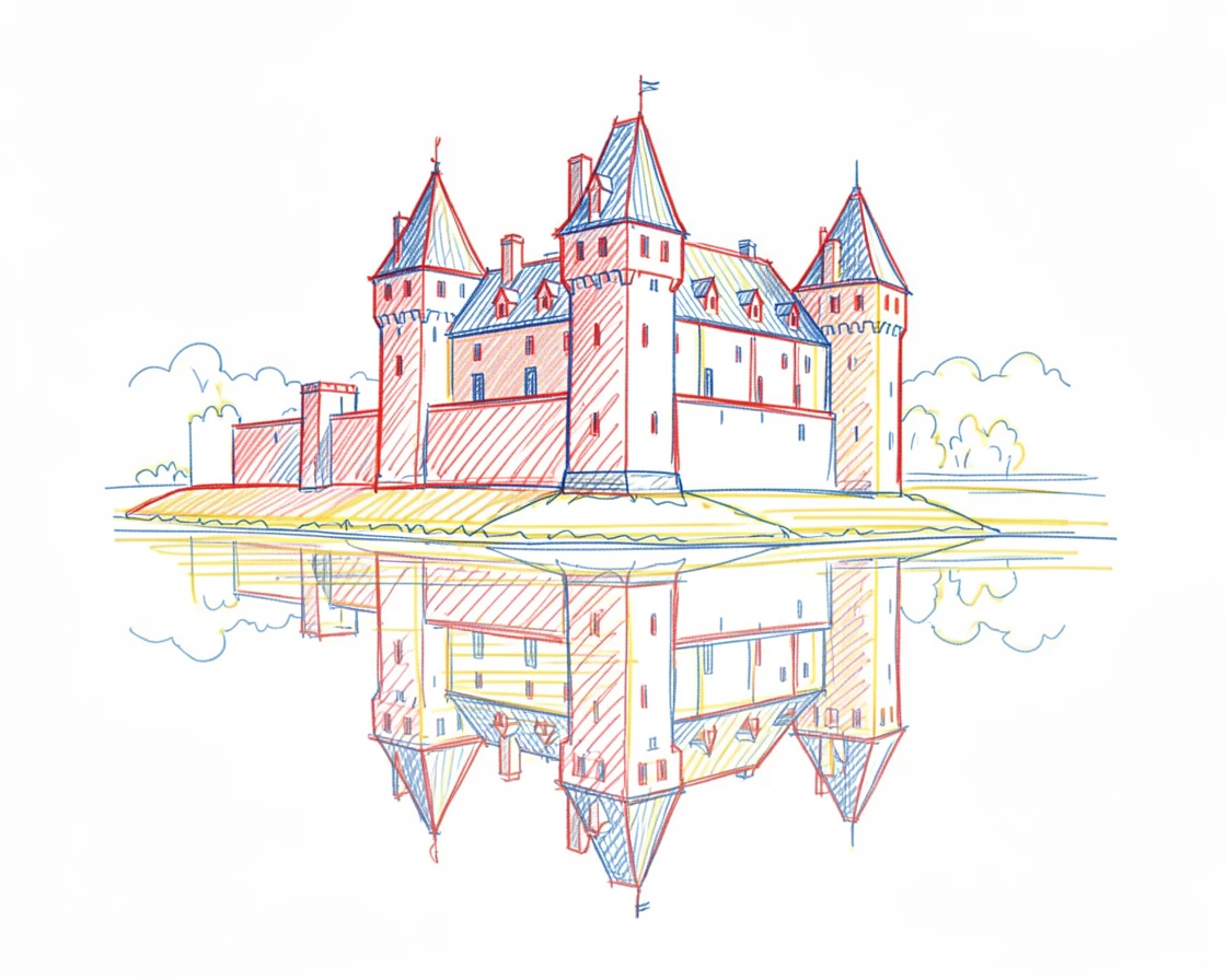 A grand medieval castle reflected perfectly in its moat