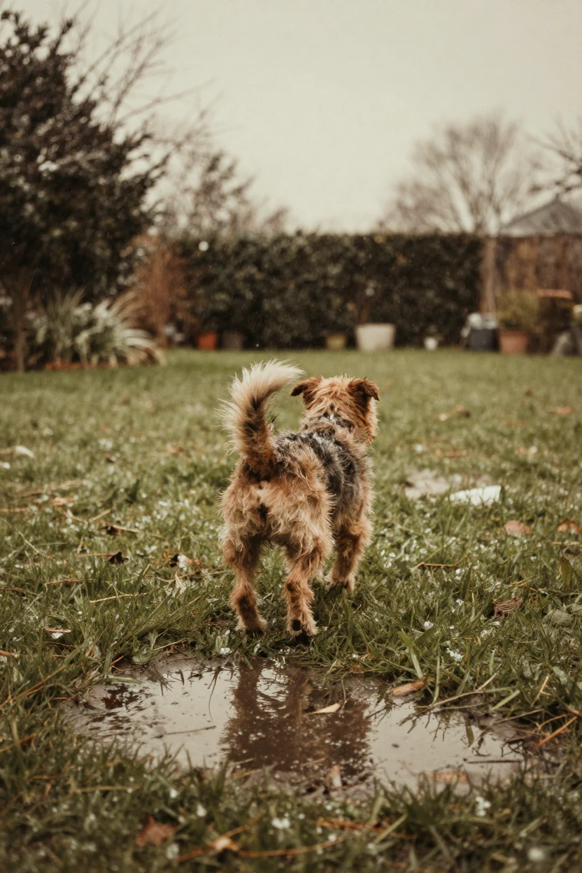 A scruffy terrier chasing its tail across a garden lawn, under a pale winter sky, just after a rain shower, with puddles reflecting the sky, under the first snow of winter, with a soft sepia-tinted glow, from behind, looking toward the horizon.