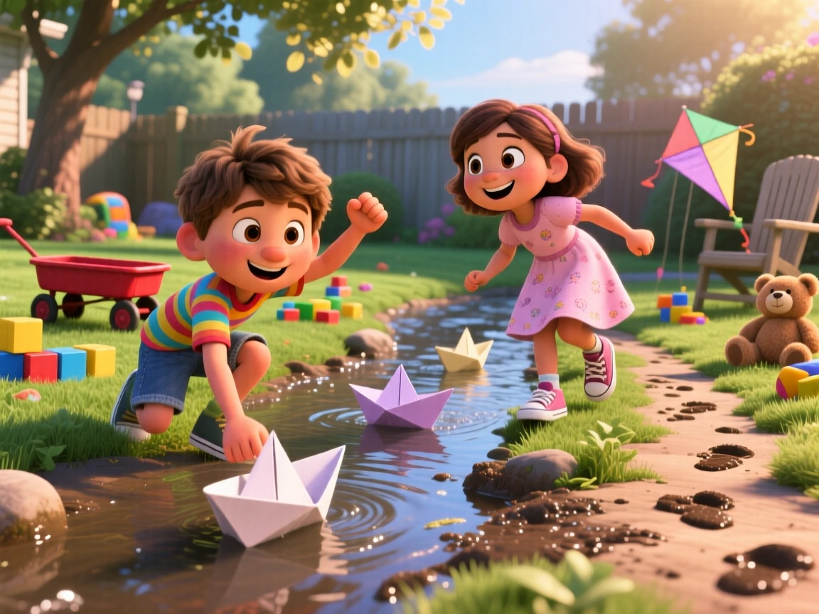Two children racing paper boats down a stream takes place in a sunny backyard scattered with toys, with a trail of muddy footprints leading away. The mood is playful, curious, and full of imagination.