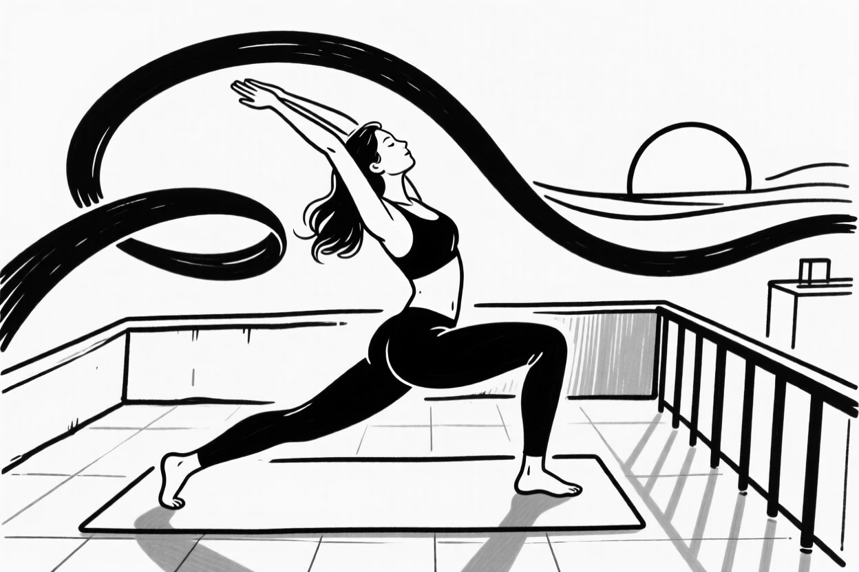 A woman practicing yoga on a rooftop terrace at sunrise.