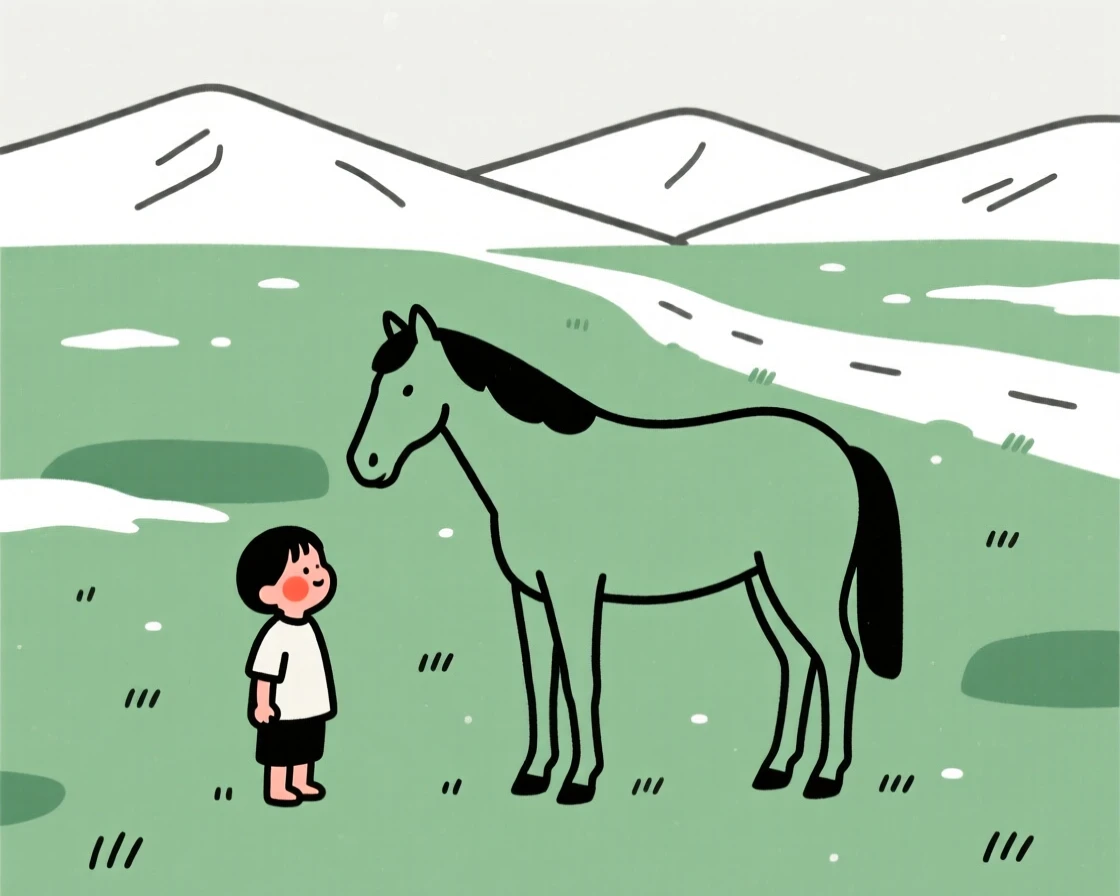 A toddler with a horse in a green pasture, glowing with nostalgia, on a snowy mountain trail.