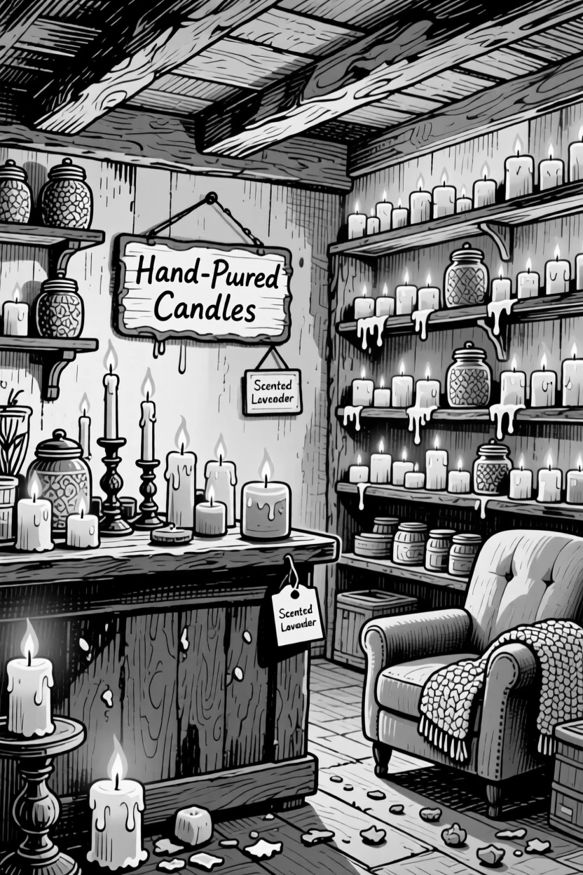 A cozy candle shop interior lit softly by rows of glowing candles.