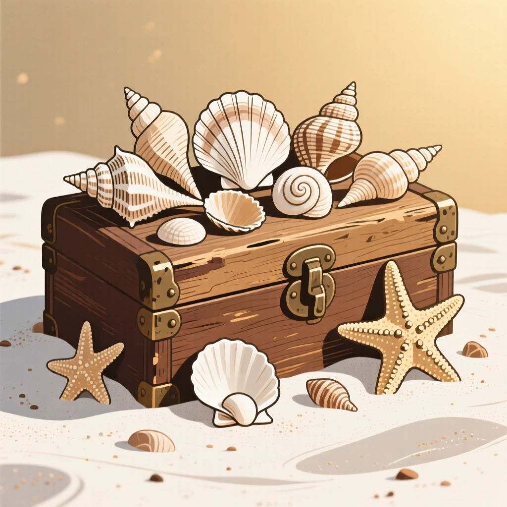 A collection of seashells and starfish arranged on white sand, arranged atop an antique wooden trunk, composed with a warm, nostalgic sense of stillness, with soft golden light highlighting fine craftsmanship.