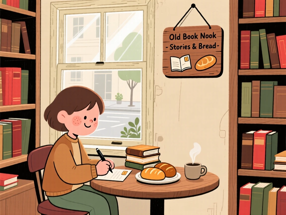 A young writer sits by the window of a small old bookstore, writing postcards as the smell of baking bread fills the air.