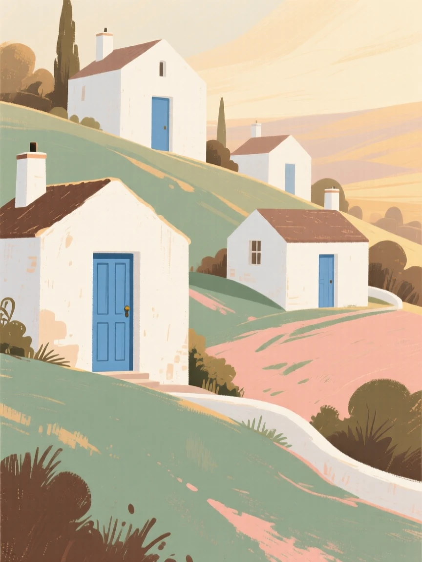 A hillside village of whitewashed houses with blue-painted doors