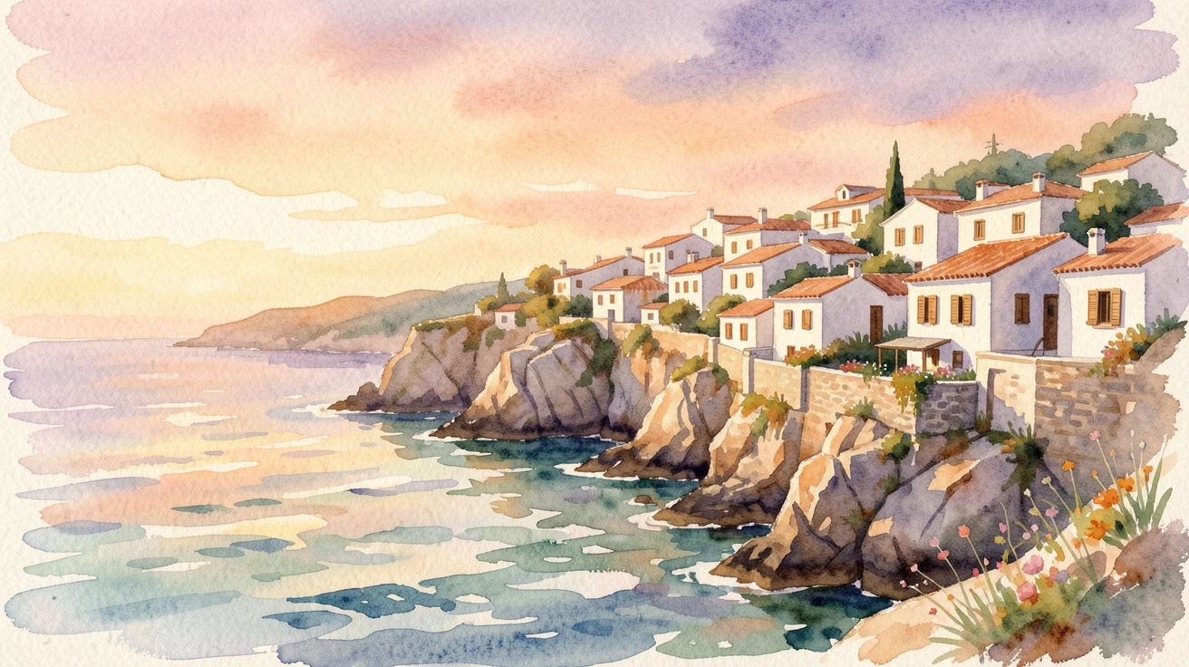 A cliffside town overlooking the Mediterranean during golden hour.