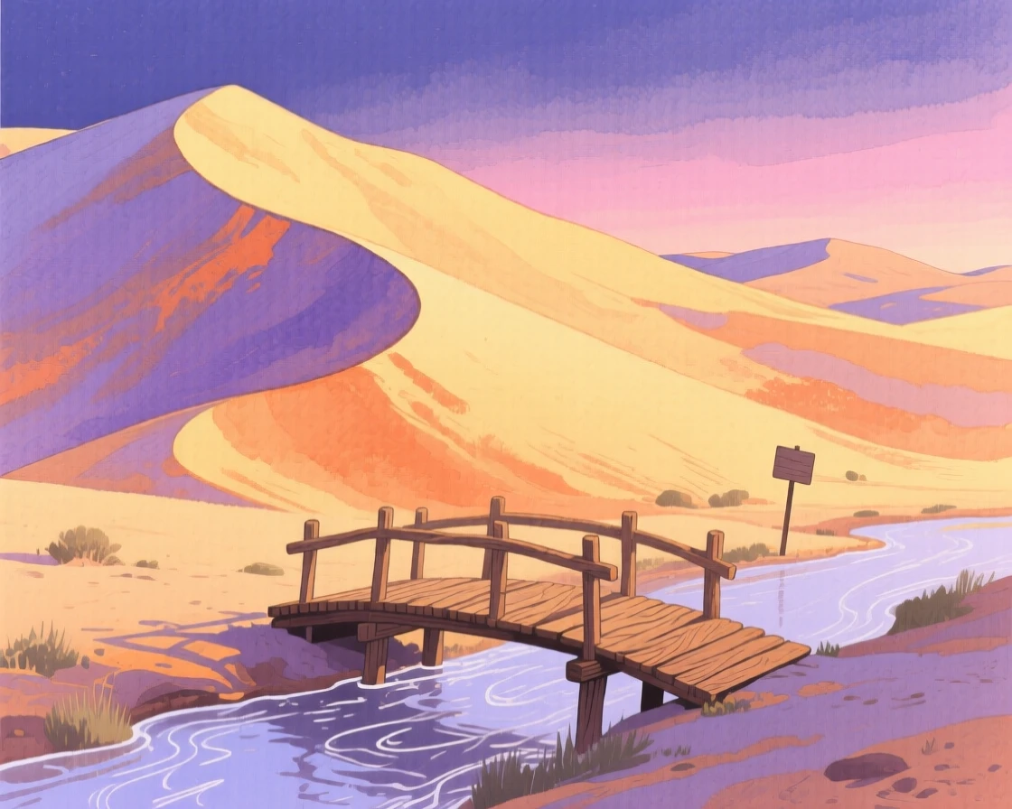 A breathtaking view of a desert of towering dunes in the soft glow of dusk, with a small wooden bridge crossing a stream