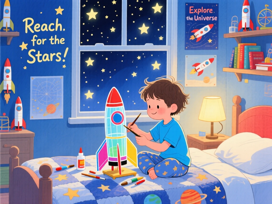A child building a model rocket in a starlit bedroom, full of wonder and discovery.