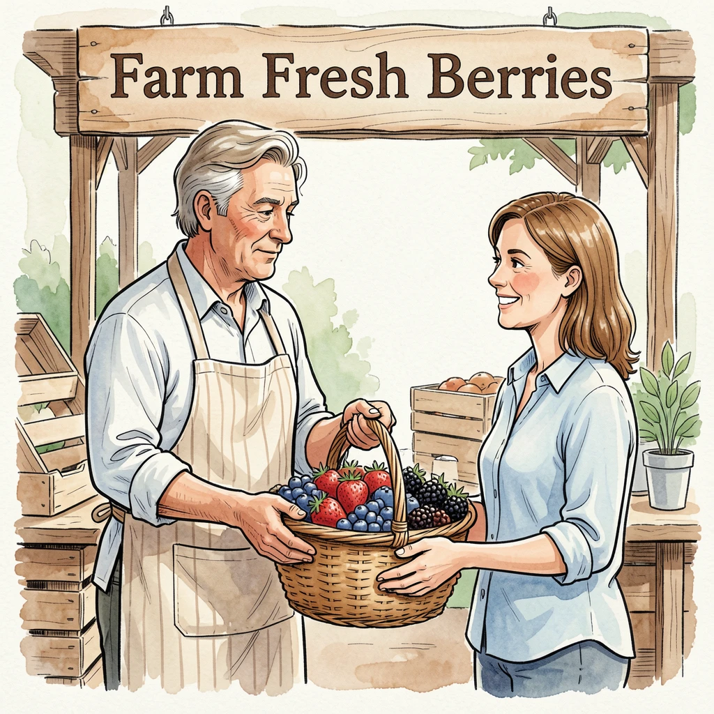 A farmer's market vendor handing a customer a basket of fresh berries, the everyday moment made memorable by its quiet sincerity.