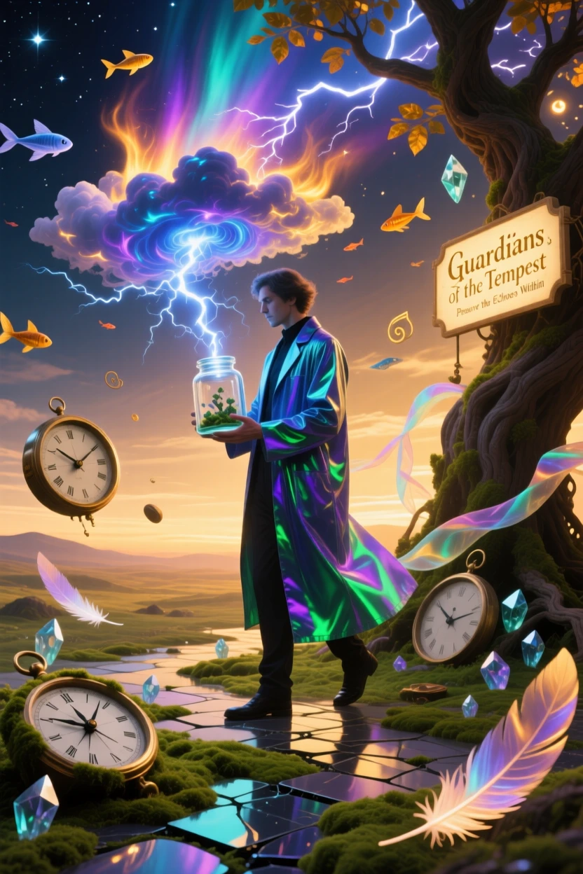 A scientist examining a tiny captured storm inside a glass jar moves gracefully through a scene bathed in soft golden light, while distant sounds drift softly through the surrounding air.