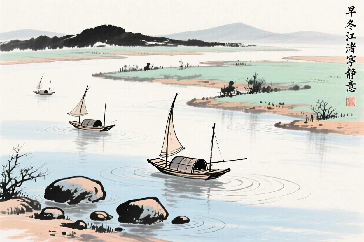 A wide river delta dotted with small fishing boats, where the current carves gentle ripples around smooth stones, in the mild days of early winter, filled with tranquil stillness.