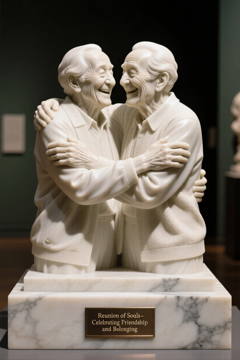 A joyful scene of old friends reuniting with a warm embrace, capturing warmth, togetherness, and belonging