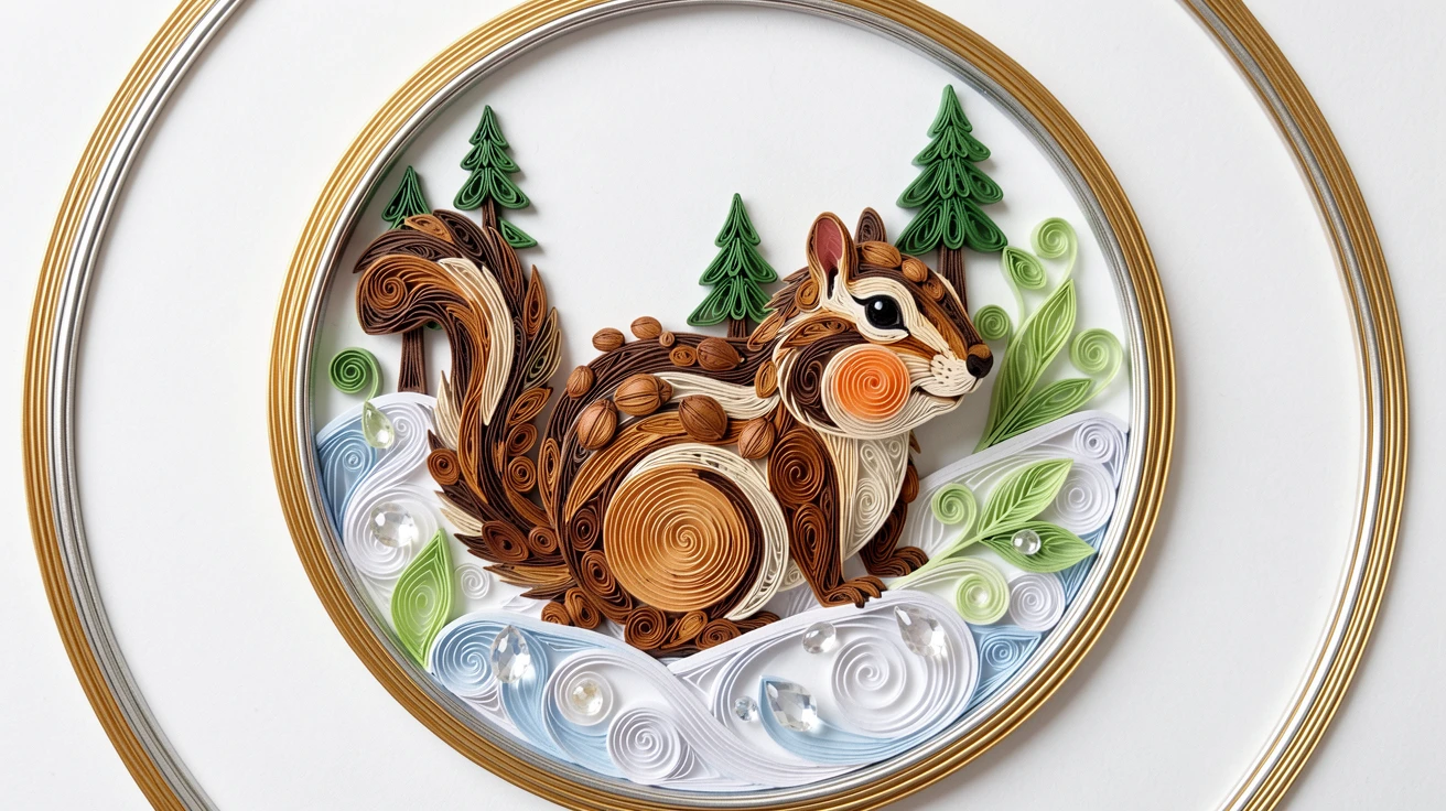 a chipmunk with cheeks bulging full of nuts, on a snowy hillside dotted with pine trees, framed in a close-up circular vignette, with soft dewdrops glistening on nearby leaves.