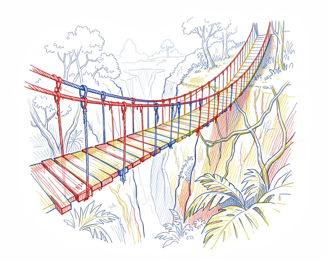 An ancient rope bridge swaying above a deep jungle gorge