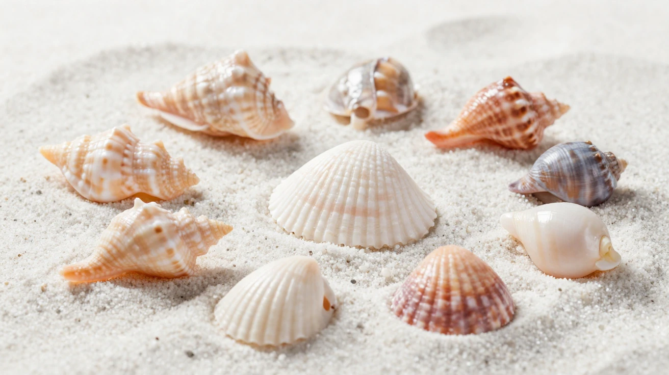 A collection of seashells arranged on white sand