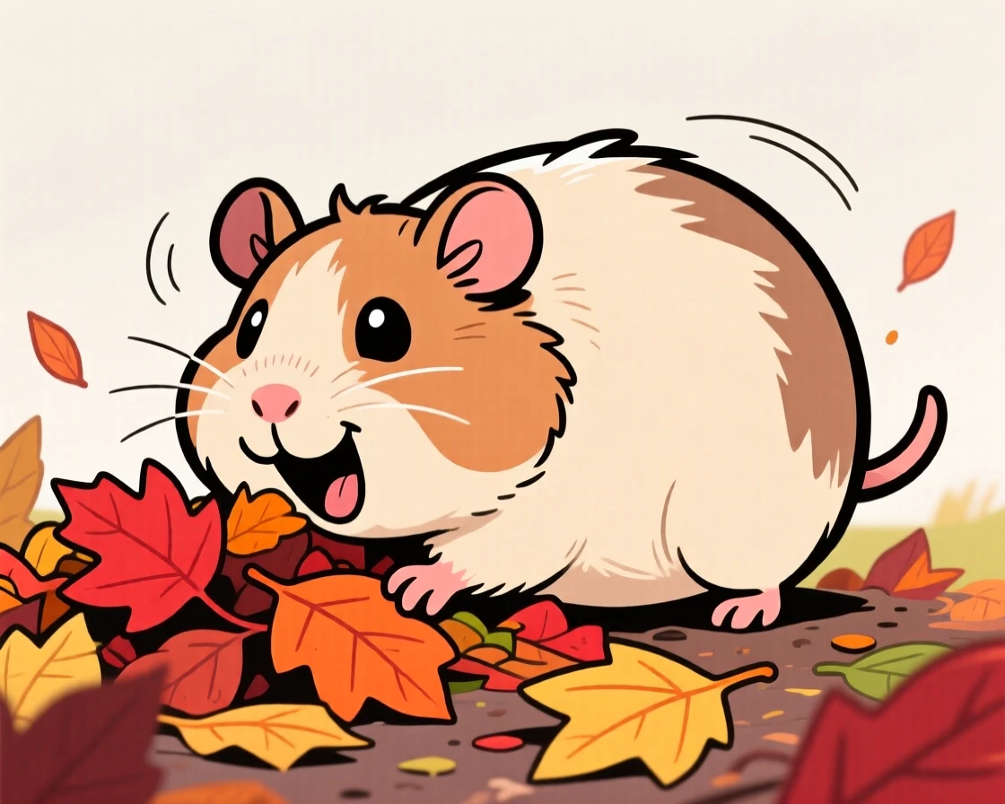 A playful pet moment featuring a chubby guinea pig burying its face in a pile of fallen leaves, with ears flopping comically in the wind.