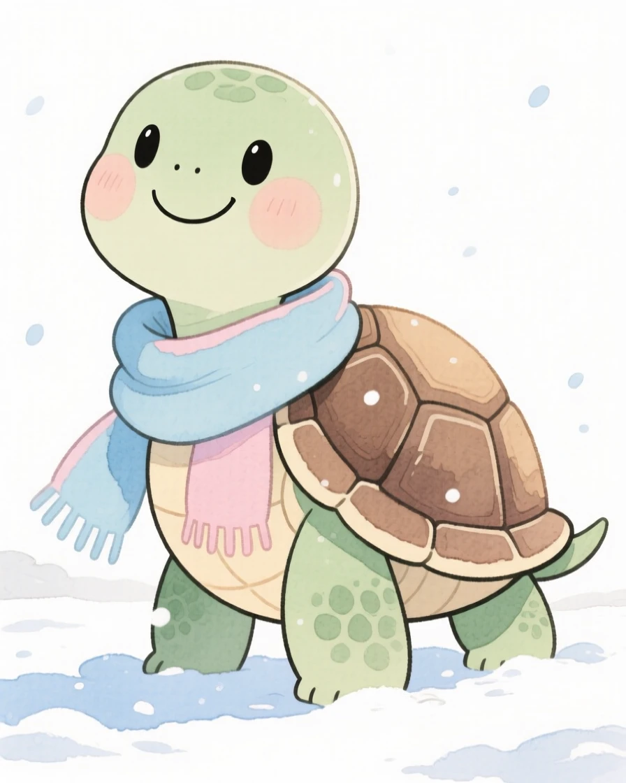 A turtle wearing a cozy scarf in the snow