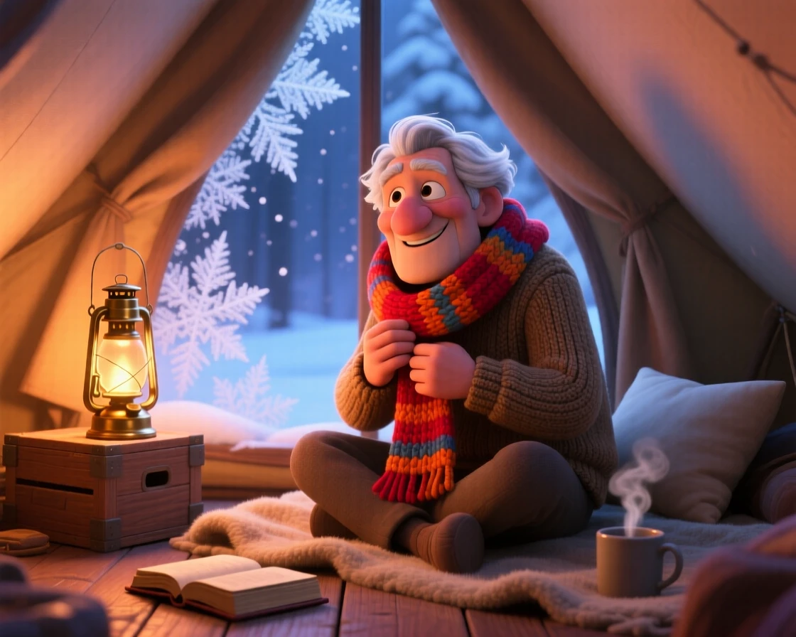 An elderly man with a warm smile sits inside a tent glowing from a lantern, wrapping a scarf snugly around their neck. The atmosphere is warm, unhurried, and peaceful, with frost patterns tracing the windowpane.