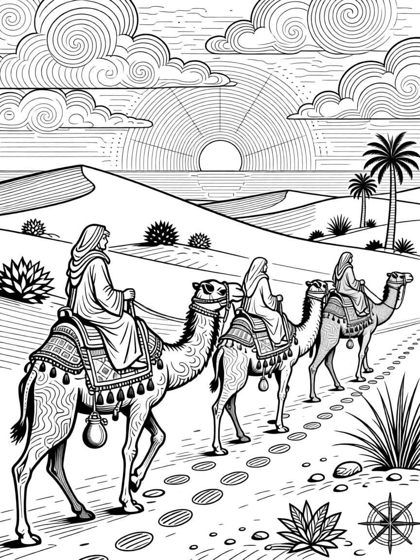 A camel trek crossing golden dunes of the Sahara at sunset.