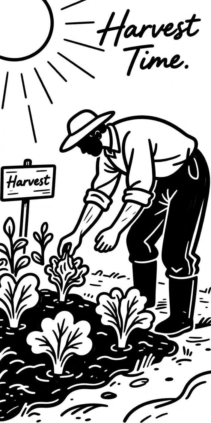 A farmer harvesting vegetables in a sunlit garden plot.