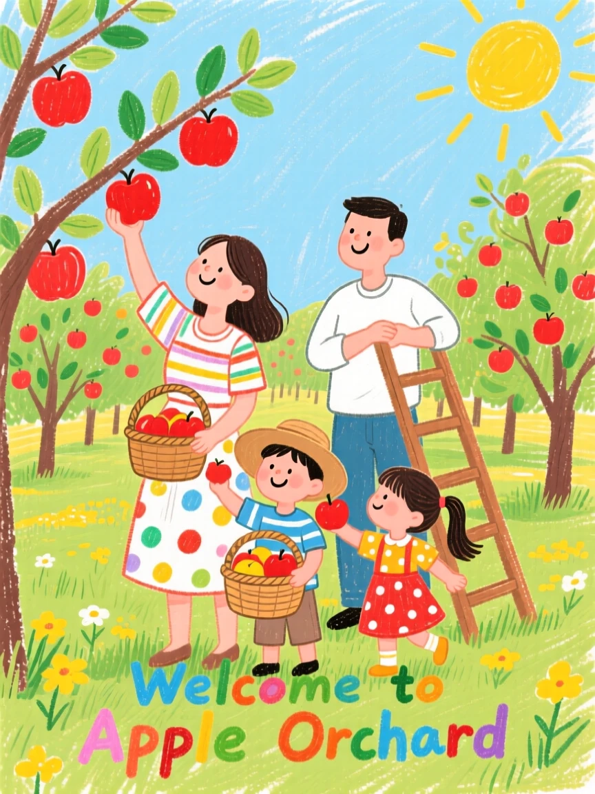 A family of four picking apples together in an orchard.