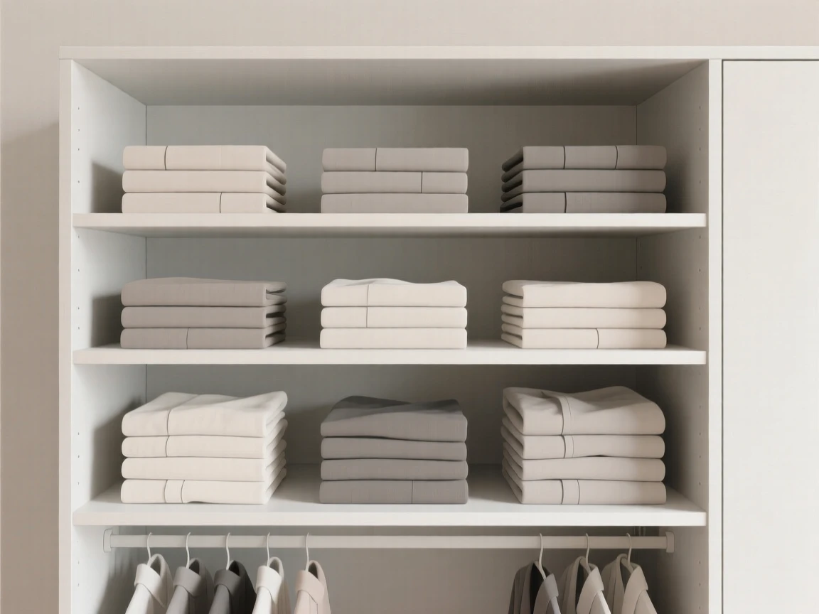 A closet organized with neatly folded clothes