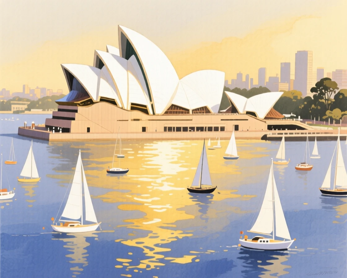 The Sydney Opera House glows white against a harbor filled with sailboats at golden hour
