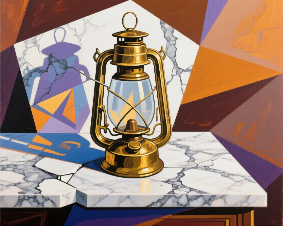 An elegant still life featuring an antique brass lantern on a marble countertop with soft shadows.