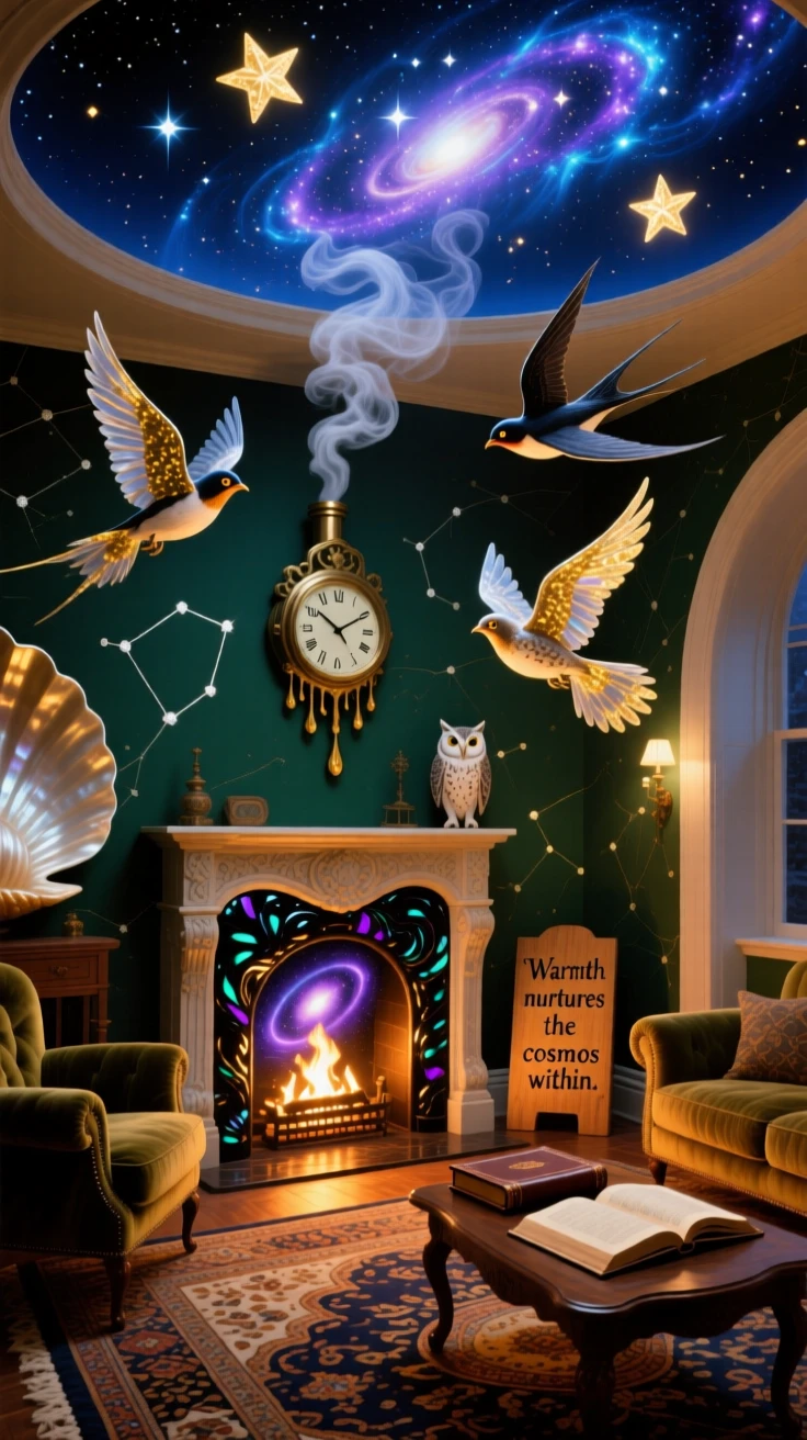 A snug living room where the fireplace holds a tiny captured galaxy feels warm, familiar, and just slightly impossible, while smoke curls gently from a chimney into shapes of birds.