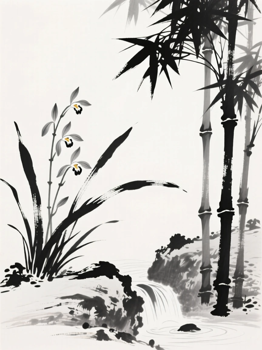 Slender orchids bloom quietly in the shade of a bamboo grove, beside a small trickling mountain spring.