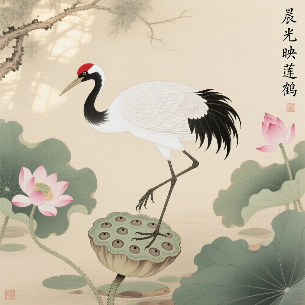 A crested crane landing gently on a lotus pod, soft morning light filtering through the branches