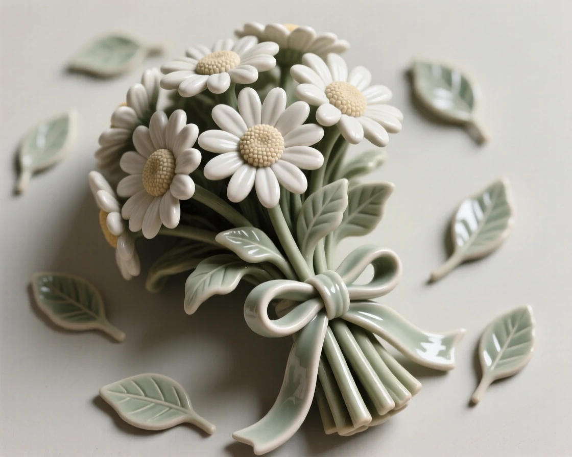 A bouquet of daisies tied with ribbon captured at the peak of full bloom, framed by a scattering of small leaves, conveying the quiet poetry of the natural world.