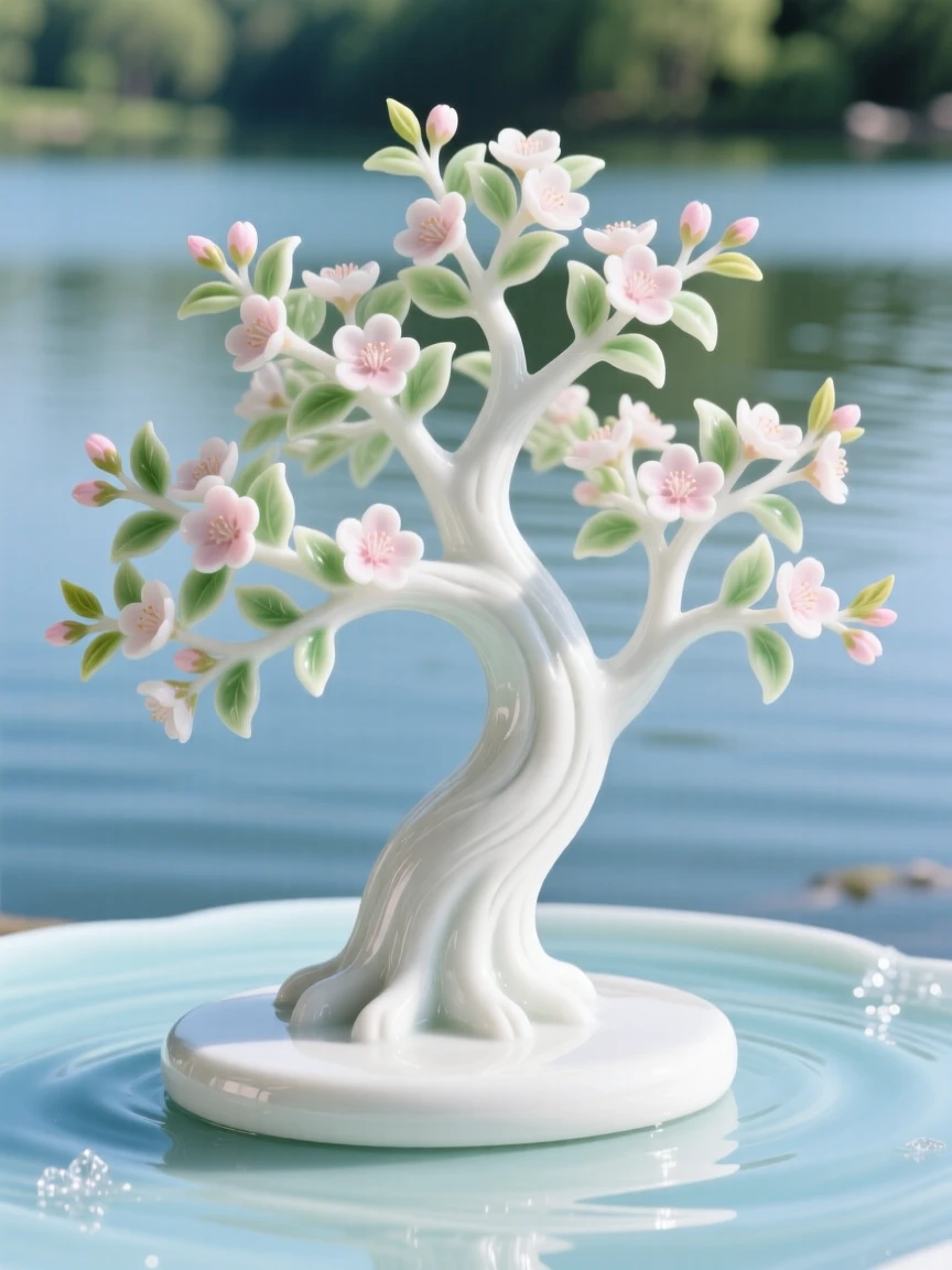 A graceful oak tree in full spring bloom in a quiet lakeside setting.