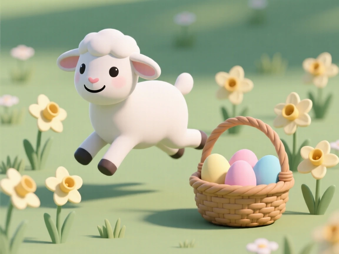 A joyful spring lamb hops through a meadow of blooming daffodils beside a wicker Easter basket.