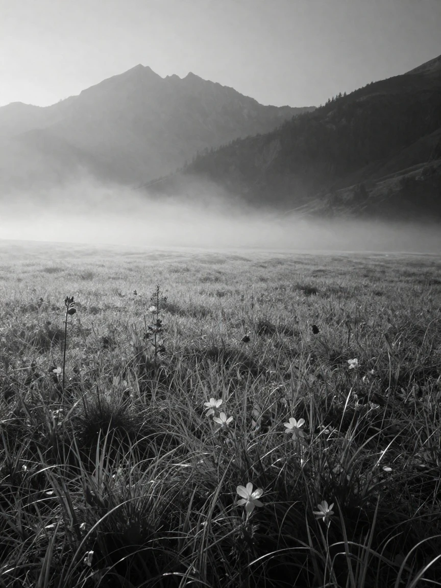 A misty alpine meadow is blanketed in a soft morning mist in the heart of the Alps.