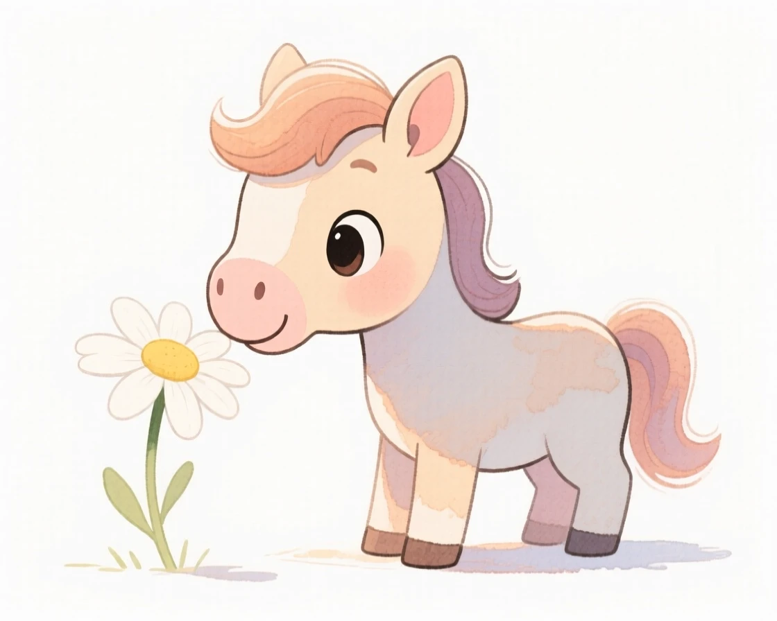 A miniature pony sniffing a single daisy