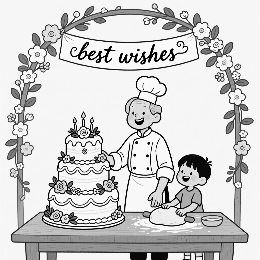A baker proudly displaying an elaborate celebration cake, guiding small hands through kneading dough, set beneath a flower-covered wedding arch. A hand-painted banner reads best wishes in flowing script. It captures the warmth of celebration shared across generations.